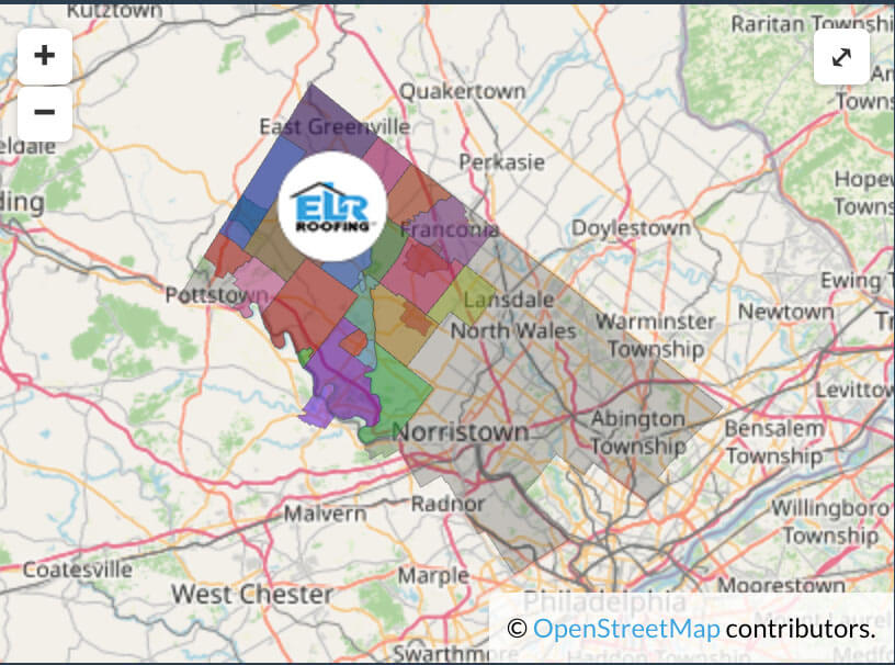 ELR Roofing service area map for Montgomery County, PA.