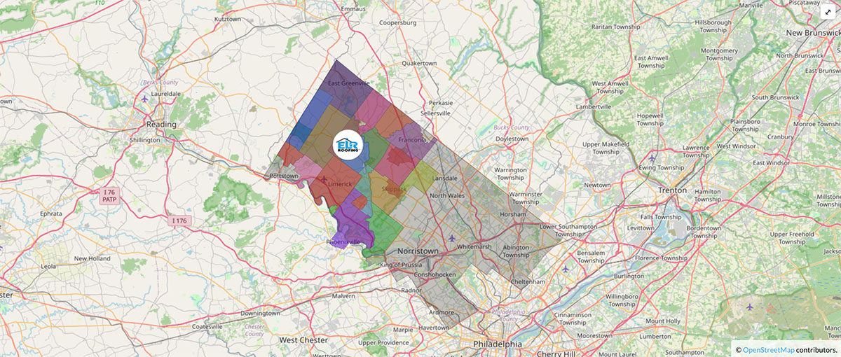 Service area map for ELR Roofing, highlighting Montgomery County, PA, towns including Collegeville, Limerick, and Royersford.