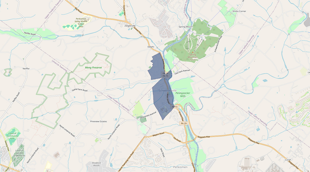 A service area map highlighting Schwenksville, PA and the surrounding local communities covered by ELR Roofing.