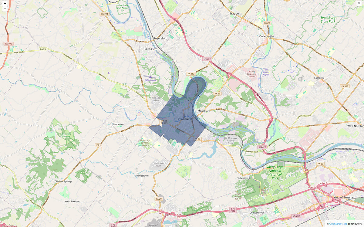 A service area map highlighting Phoenixville, PA and the surrounding local communities covered by ELR Roofing.