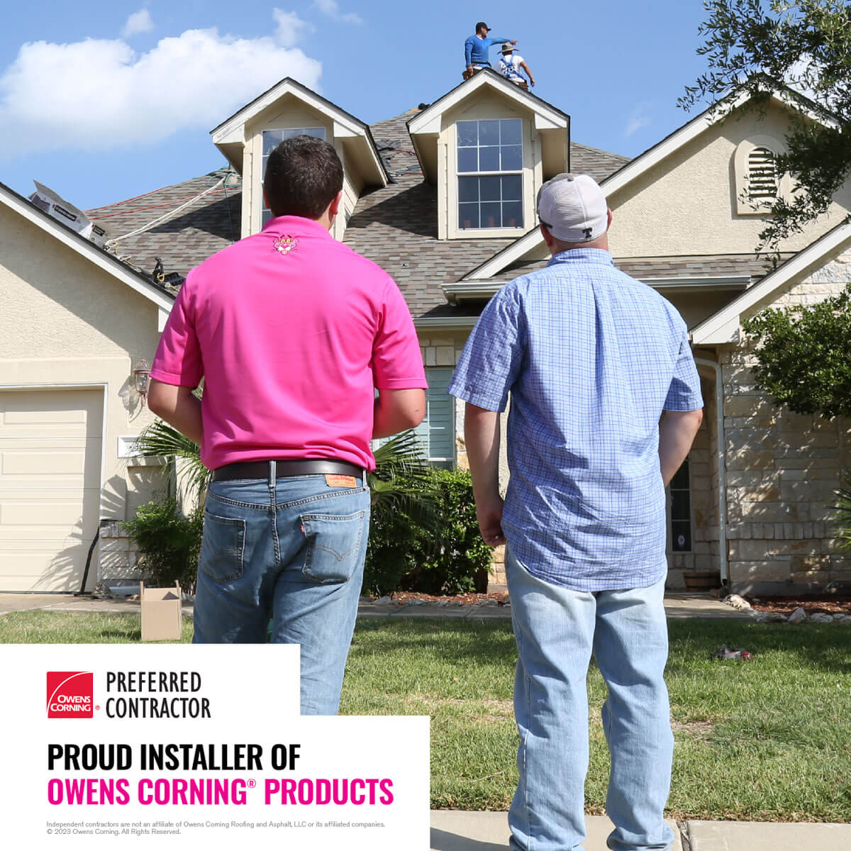 ELR Roofing team members inspecting an Owens Corning shingle roof installation in Schwenksville, PA, featuring the Owens Corning Preferred Contractor badge.