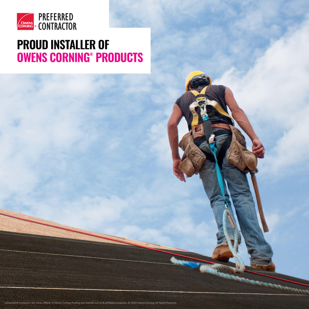 Owens Corning Preferred Contractor badge with a roofer working on a residential roof. ELR Roofing is a certified Owens Corning installer in Montgomery County, PA.