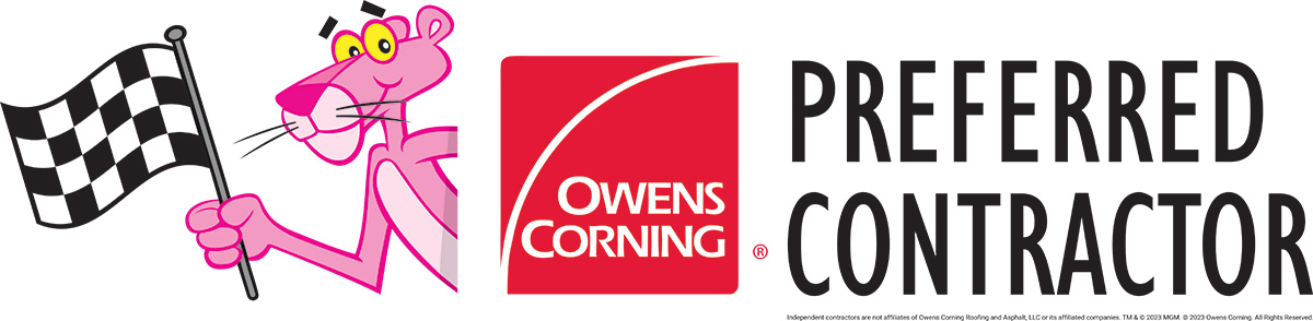 Owens Corning Preferred Contractor logo featuring the Pink Panther holding a checkered flag. ELR Roofing is an authorized installer in Montgomery County, PA.