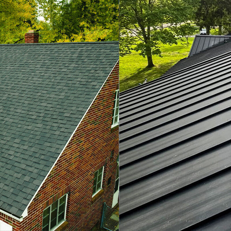Side-by-side comparison of architectural asphalt shingles and standing seam metal roofing installed on Pennsylvania homes