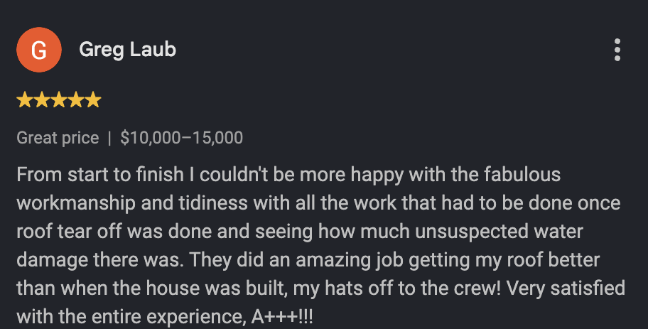 5-star Google review from Greg Laub praising ELR Roofing for their fabulous workmanship, tidiness, and expert handling of unexpected water damage during a roof replacement.