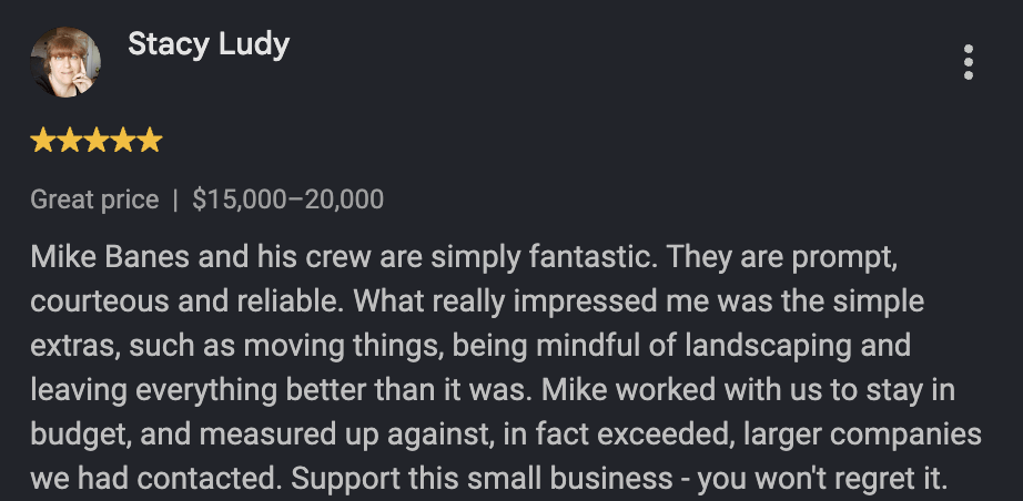 5-star Google review from Stacy Ludy highly recommending Mike Banes and the ELR Roofing crew for their promptness, budget-friendly pricing, and respect for landscaping.