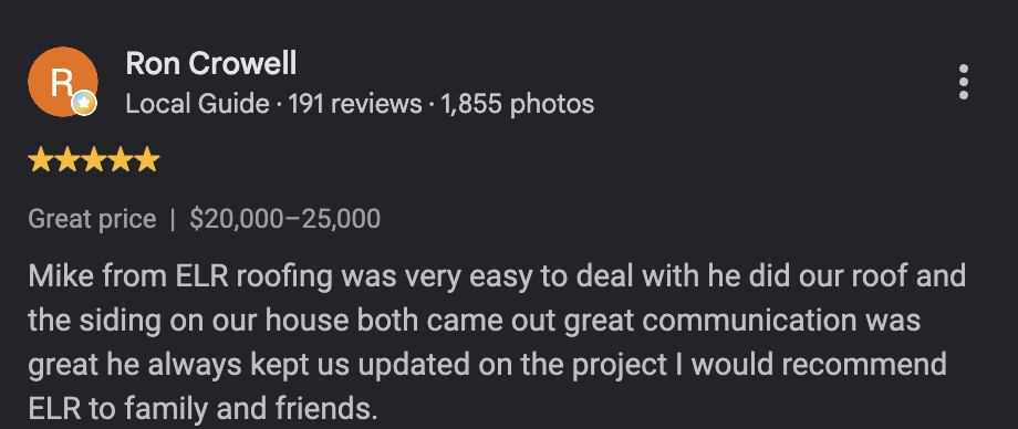 5-star Google review from Ron Crowell recommending ELR Roofing for a roof and siding replacement project in Montgomery County, PA